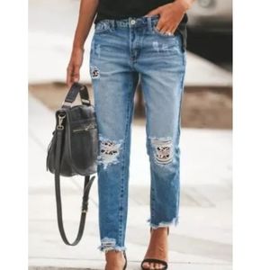 Leopard Patchwork Shredded Boyfriend Jeans